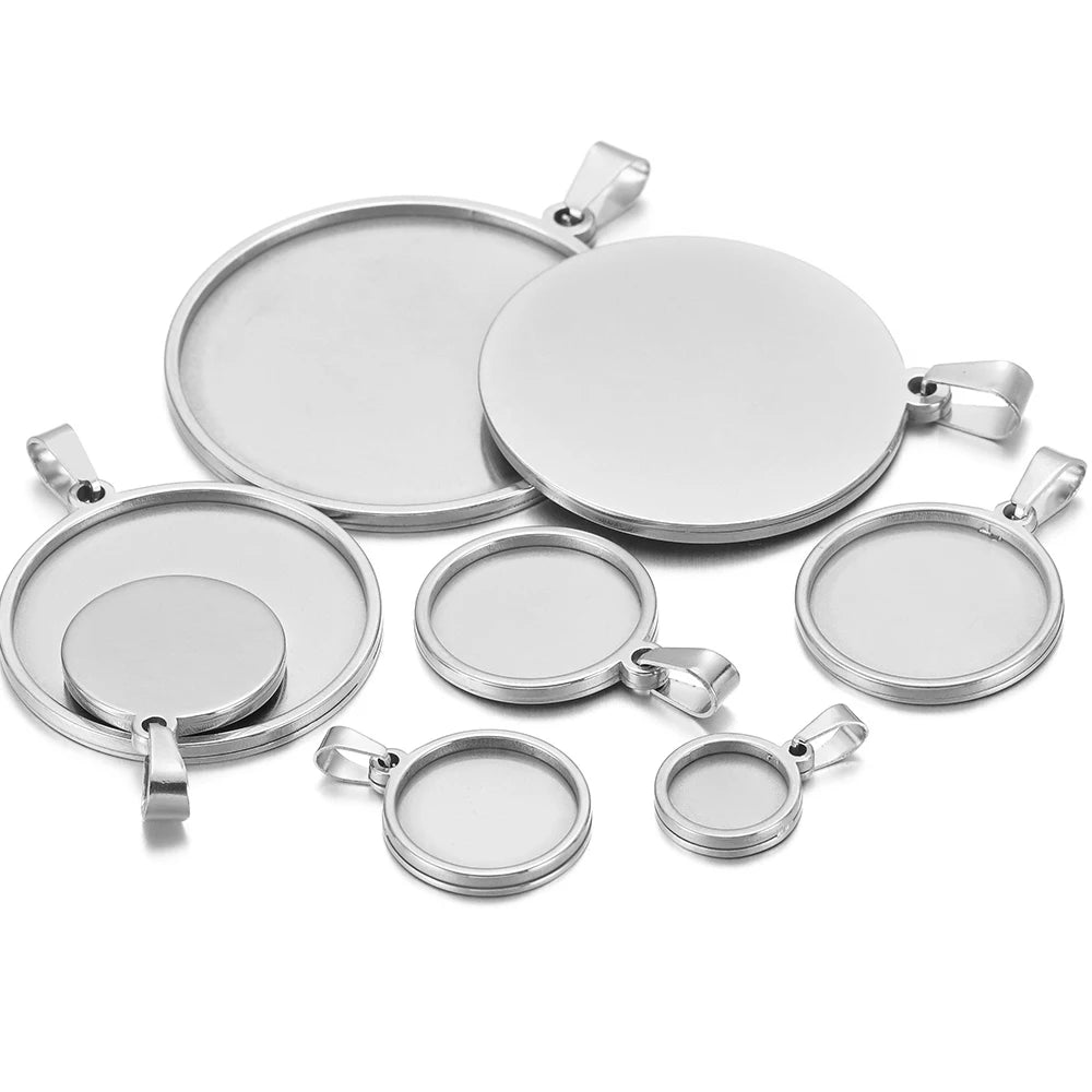 Silver-tone round cabochon blank bezel bases with clamp bails, DIY jewelry set