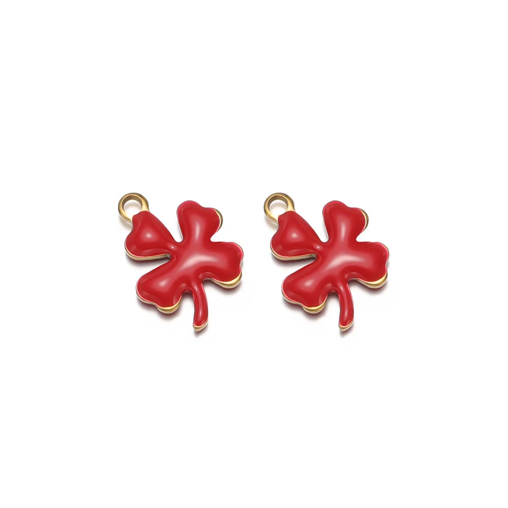 Red enamel clover flower charms with gold-tone loop for DIY jewelry making