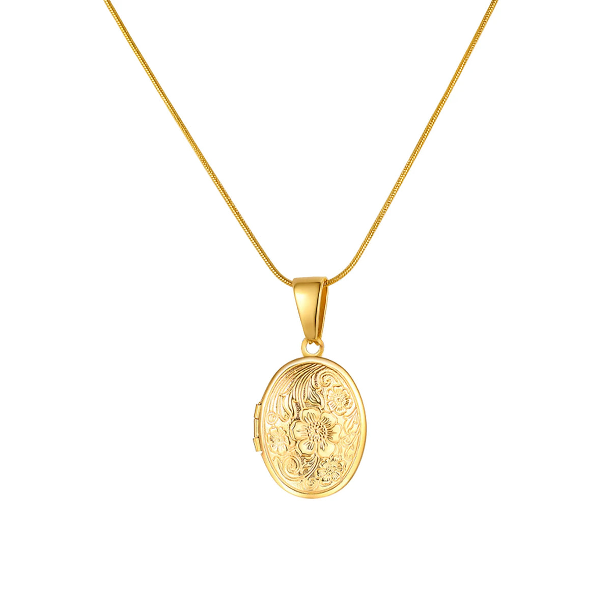 Gold-tone pendant necklace with engraved oval heart motif and gold-tone chain