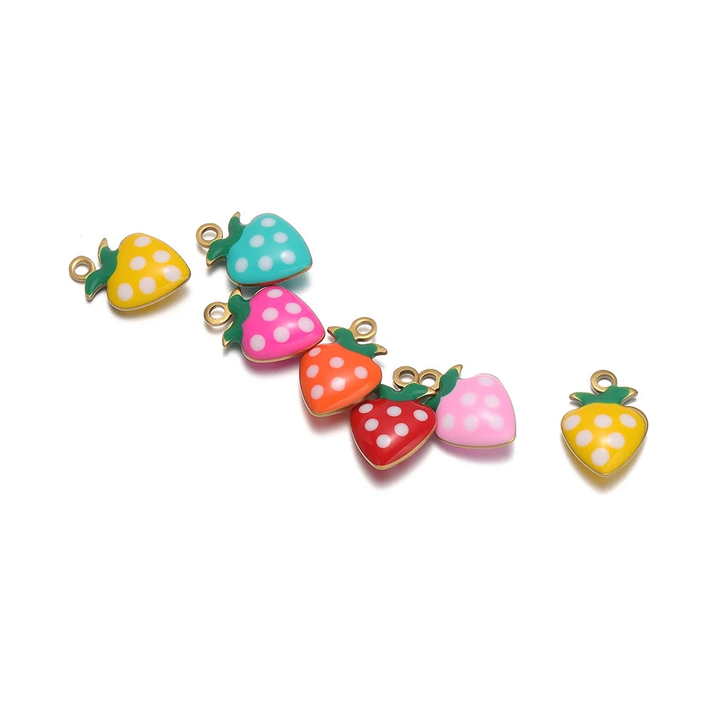 Set of strawberry drop charms with green stems, enamel finish, gold-tone loops, polka dots
