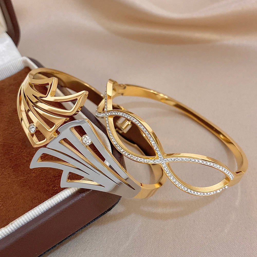 Irregular Gold Plated Stainless Steel Cuff Bangle for Women Exaggerated Geometric Zircon Wide Bracelets Waterproof Jewelry Set