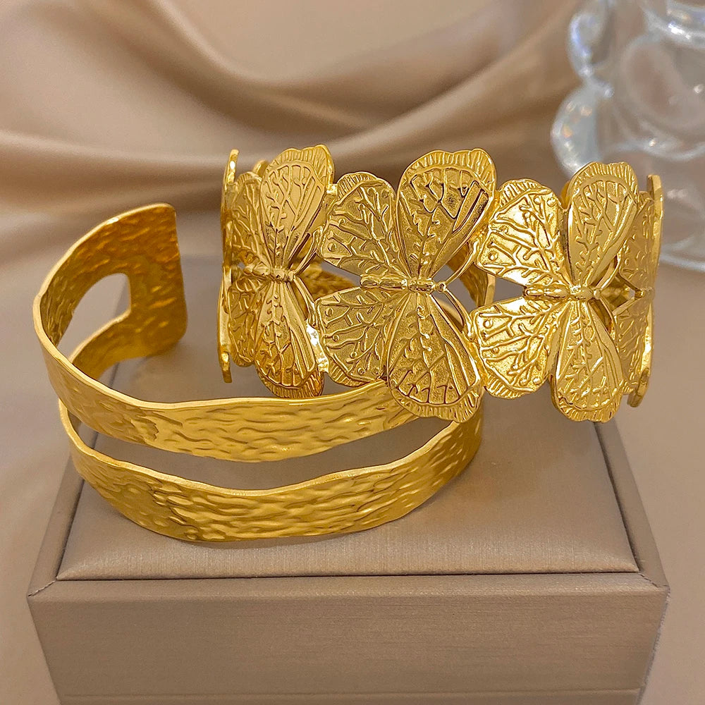 Irregular Hammered Geometric Butterfly Stainless Steel Cuff Bangle Exaggerated Gold Plated Wide Bracelets Waterproof Jewelry Set