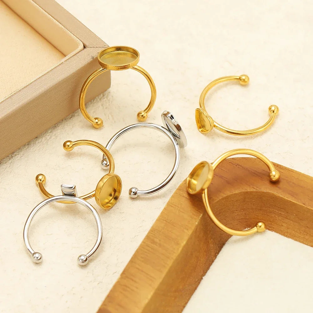Gold and silver open cabochon ring settings, round blank tray bases with bead prongs