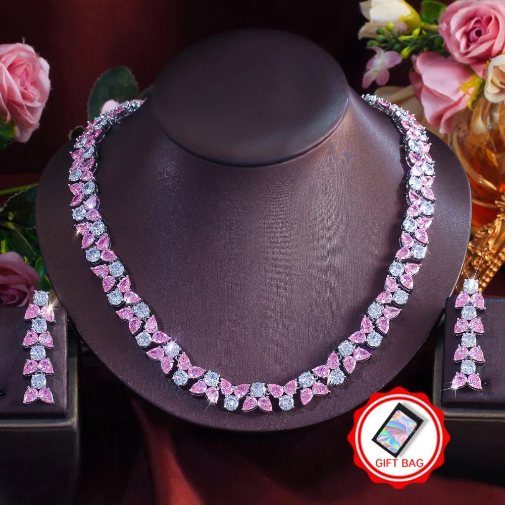 Pink zirconia leaf necklace and matching dangling earrings