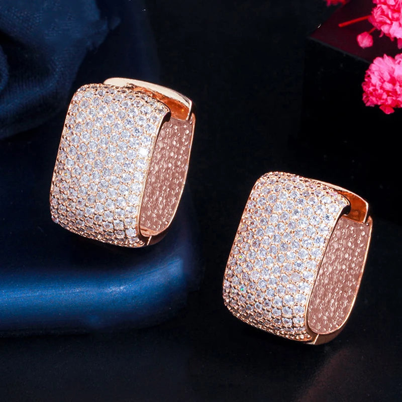 Square cubic zirconia hoop earrings in rose-gold tone with secure hinge backs
