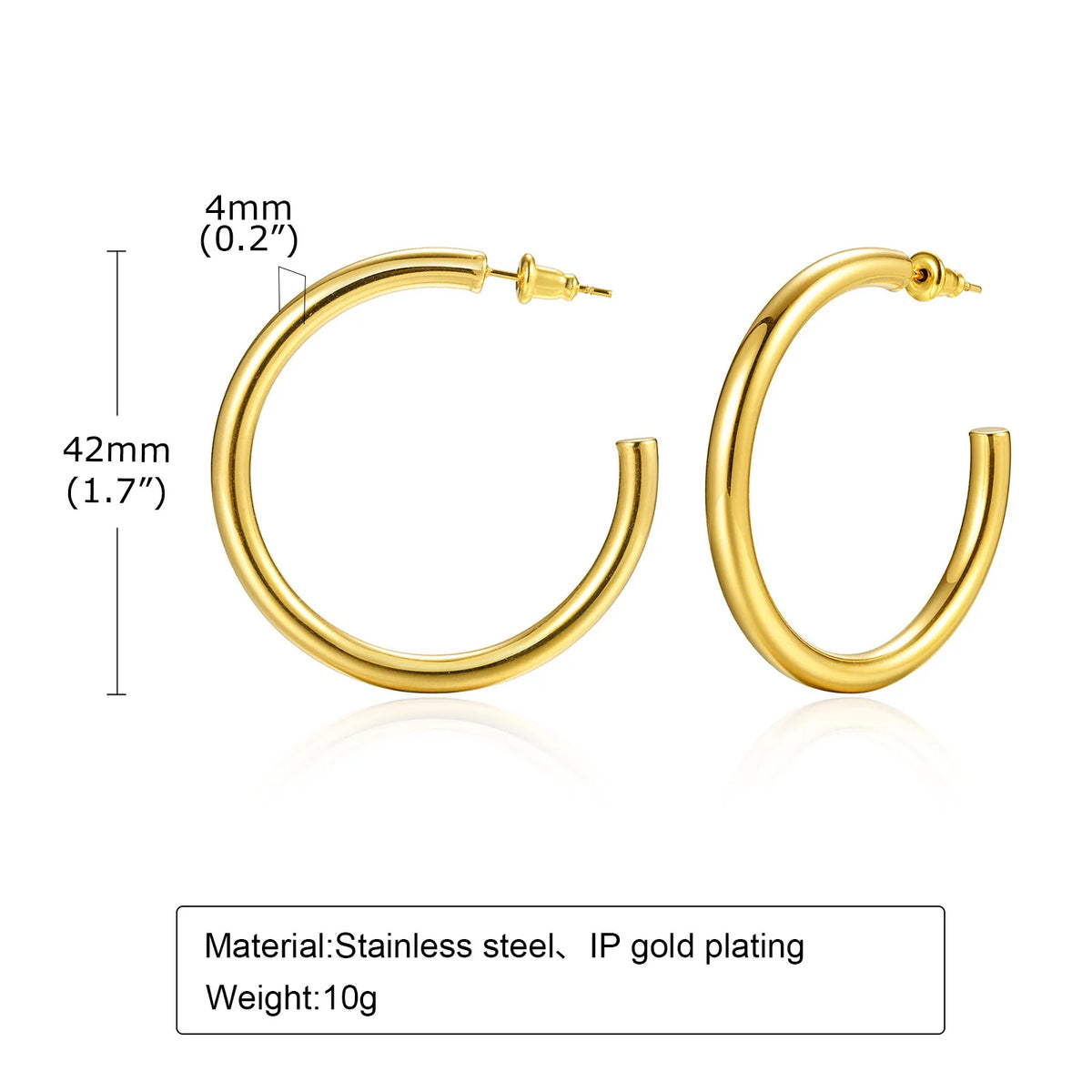 Gold 42 mm chunky open hoop earrings with 4 mm thickness