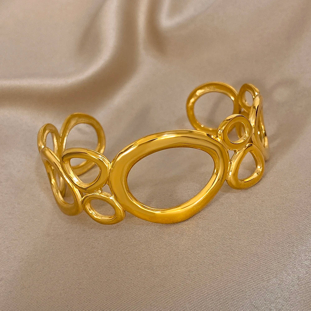 Irregular Geometric Hollow Circle Wide Bracelet Fashion Gold Plated Stainless Steel Cuff Bangle Bracelets Waterproof Jewelry