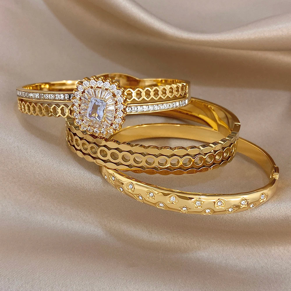 Glossy Gold Plated Cuff Bangle Bracelets for Women Exaggerated Zircon Geometric Stackable Wide Bracelet Waterproof Jewelry