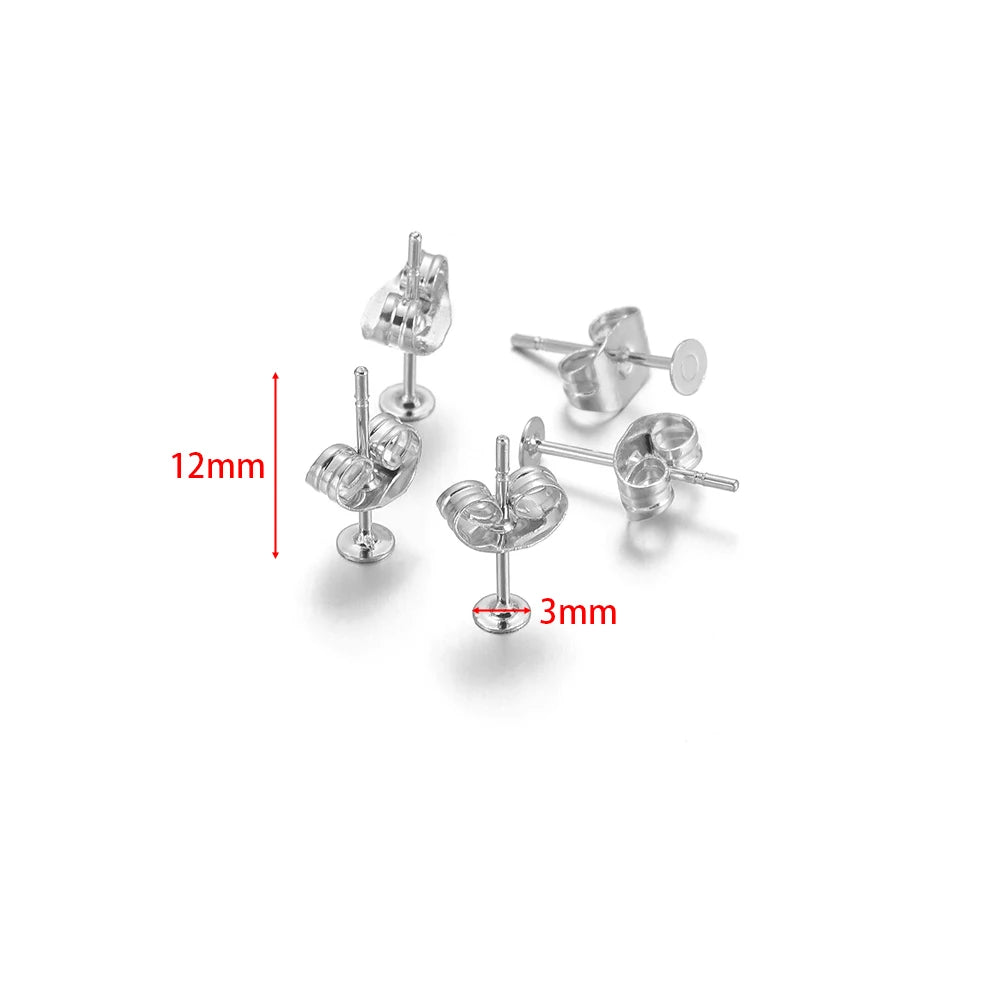 Round flat blank ear stud settings, silver-tone, 12mm posts with 3mm base discs