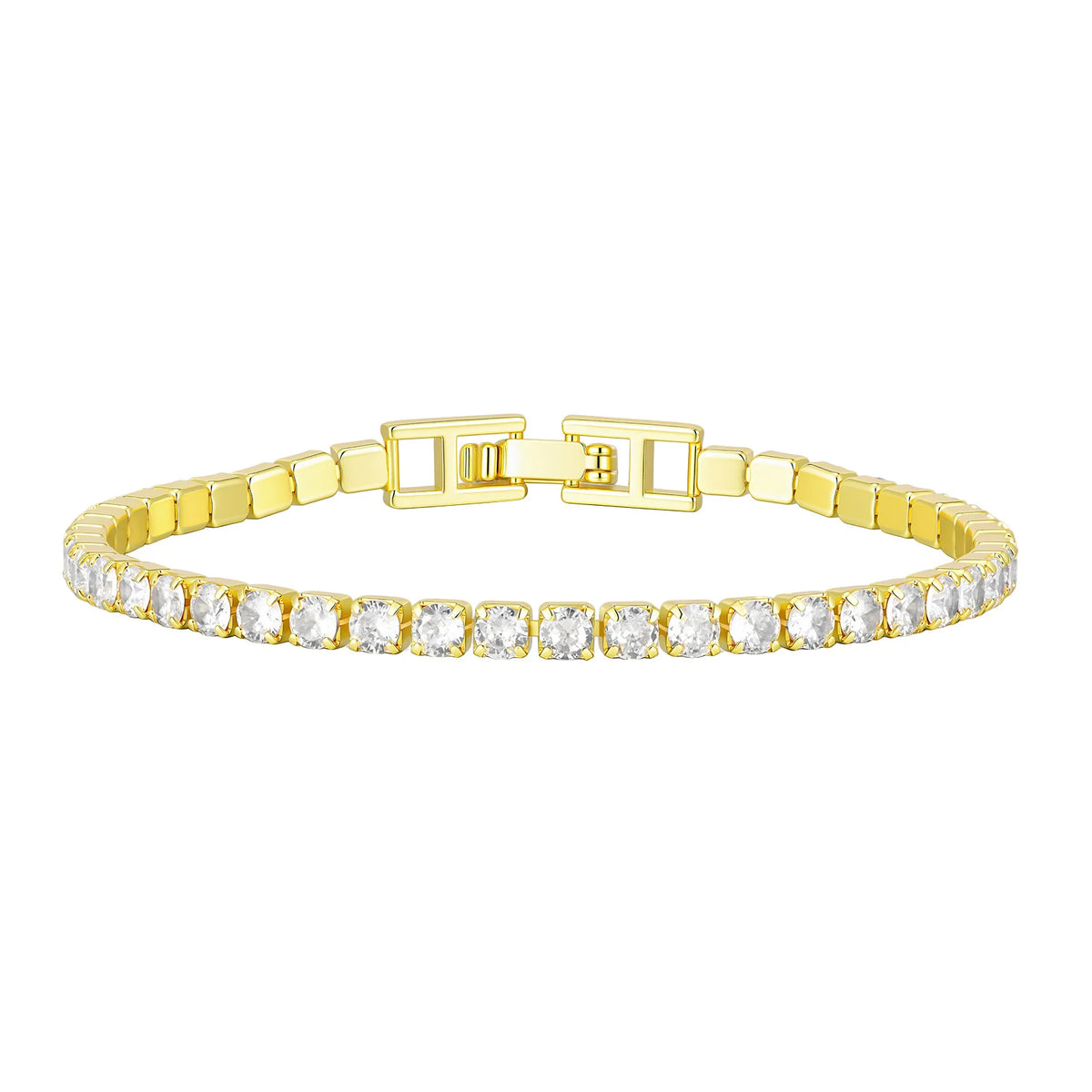 Gold tennis bracelet with clear cubic zirconia stones and hinged clasp detail