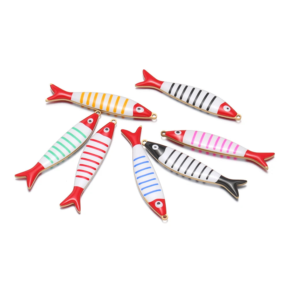 Assorted striped fish enamel charms, red tails, yellow, pink, blue, black stripes, gold loops