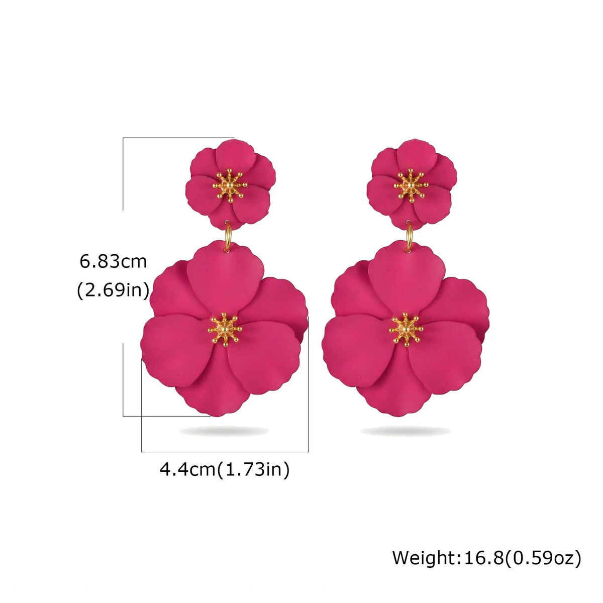 Pink double-flower drop earrings with gold-tone stud and dangling blossoms