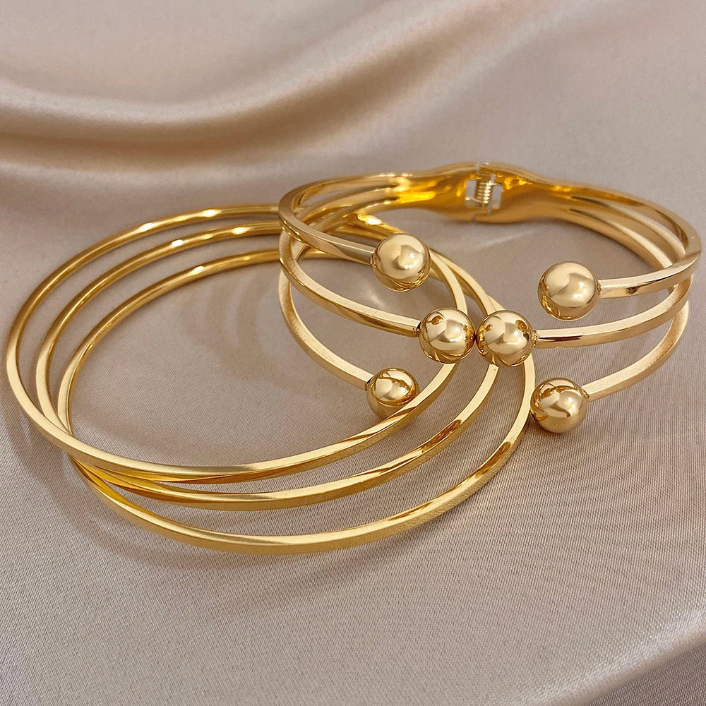 Glossy Multiple Balls Stainless Steel Cuff Bangle for Women Exaggerated Gold Plated Chunky Bracelets Waterproof Jewelry Set