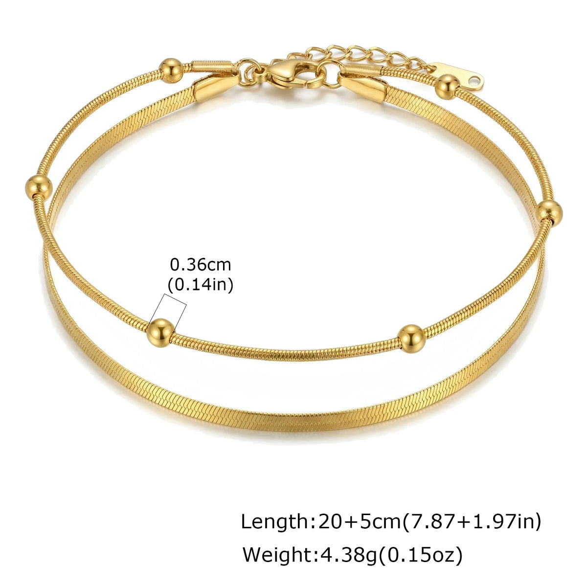 Gold-tone stainless steel beaded adjustable foot bracelet with ball end charms
