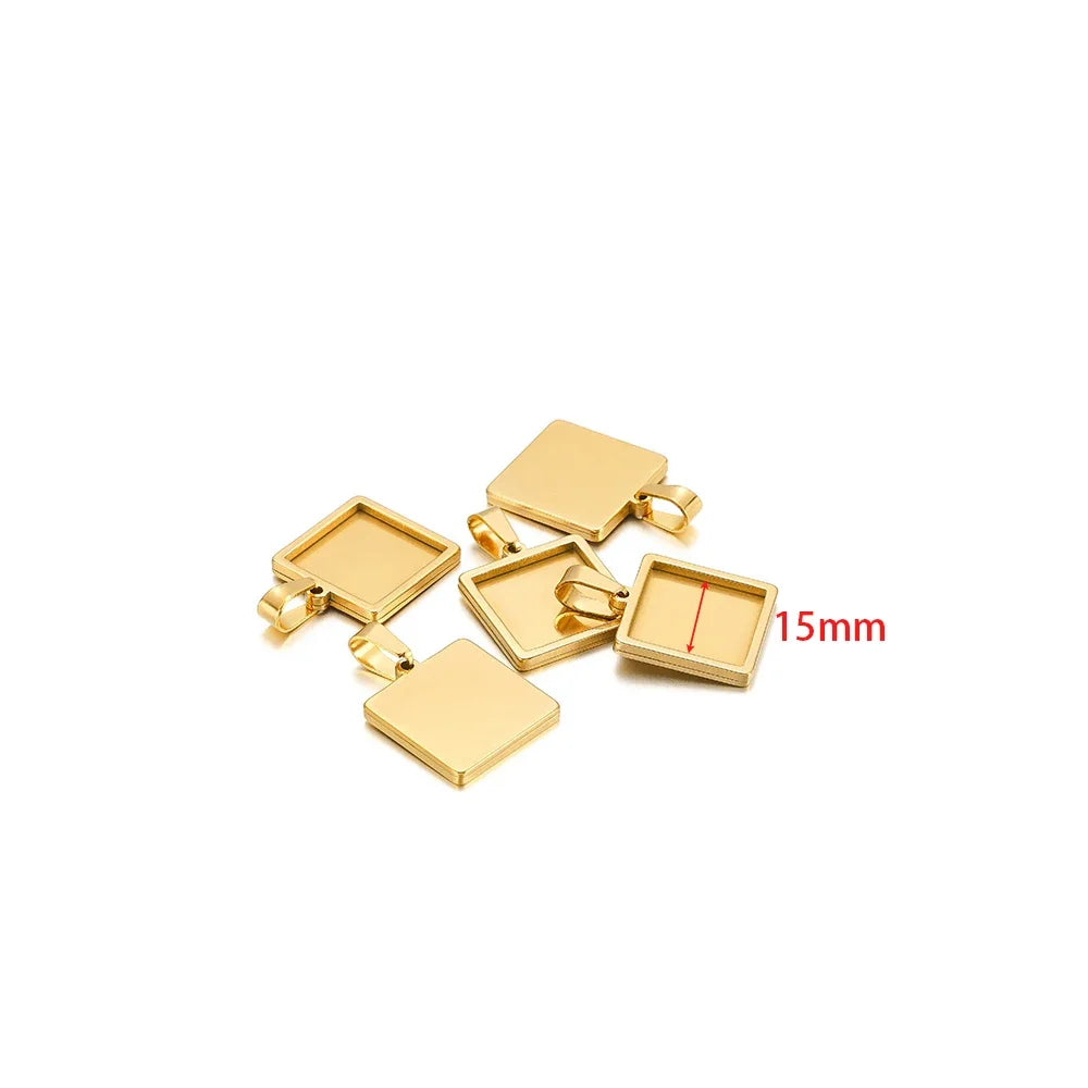 Gold square pendant cabochon base setting tray charms, 15mm size (5-pack)
