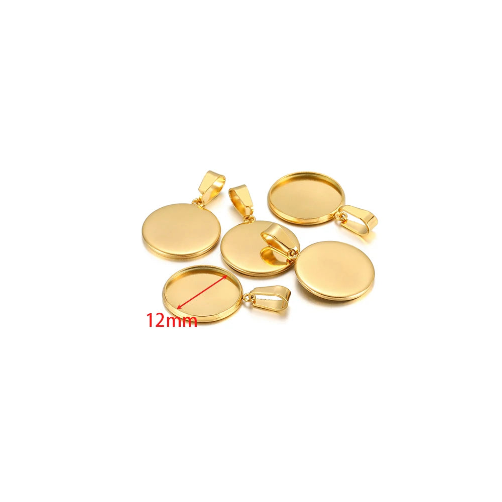 Round bezel cabochon settings, gold 12mm, with small loop bails (10-pack)