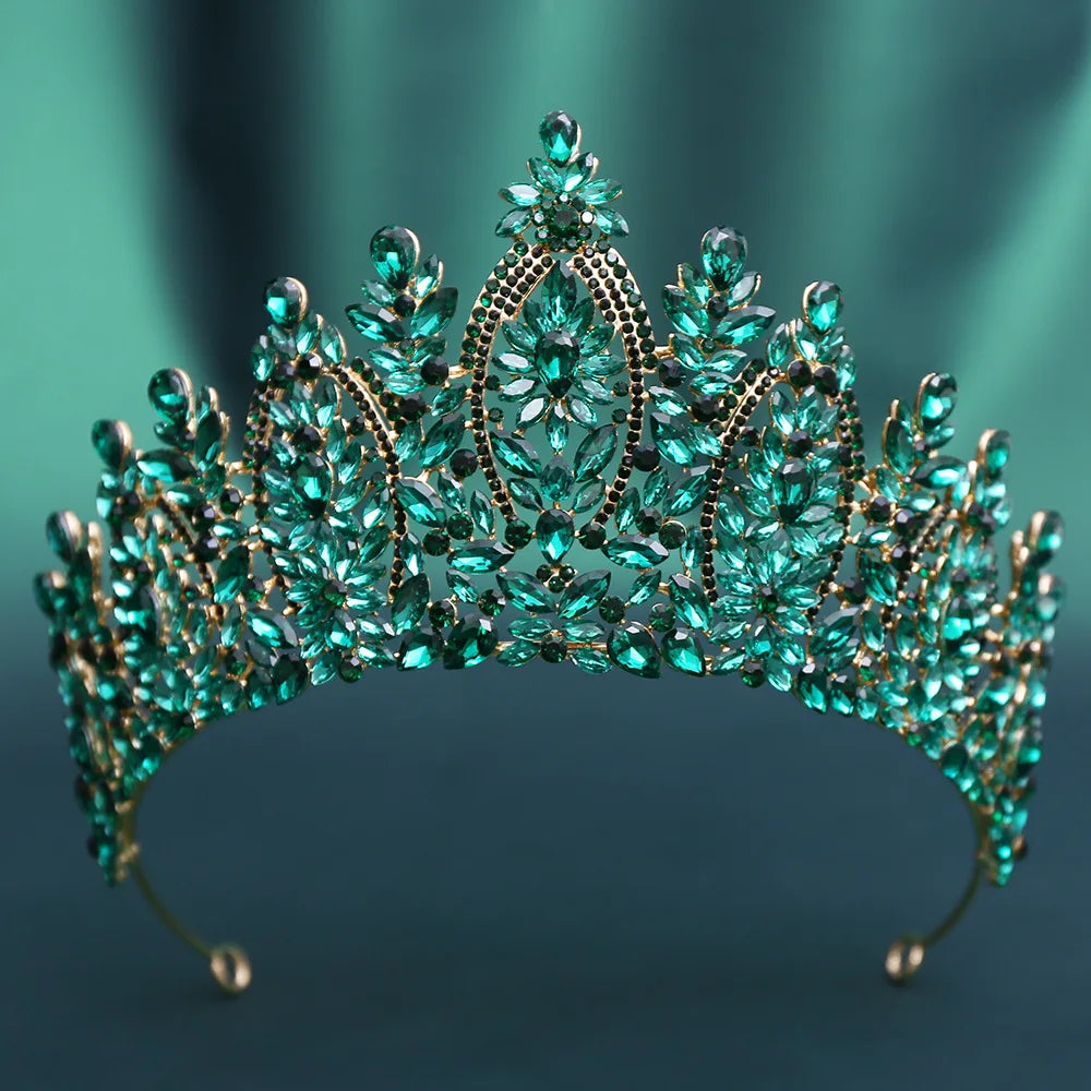 Teal crystal tiara crown with open lattice and sparkling leaf-shaped stones