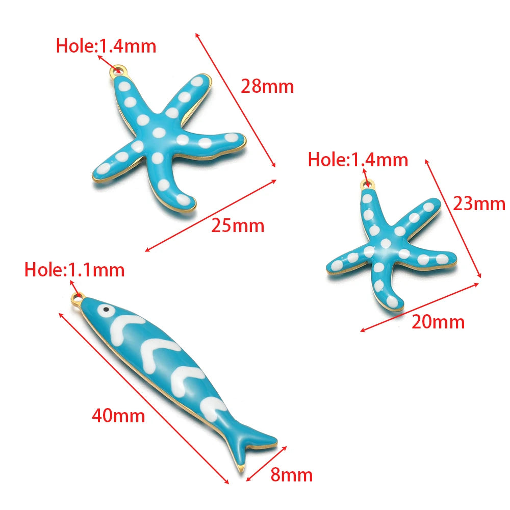 Blue fish and starfish charms with gold loops; size and hole markings
