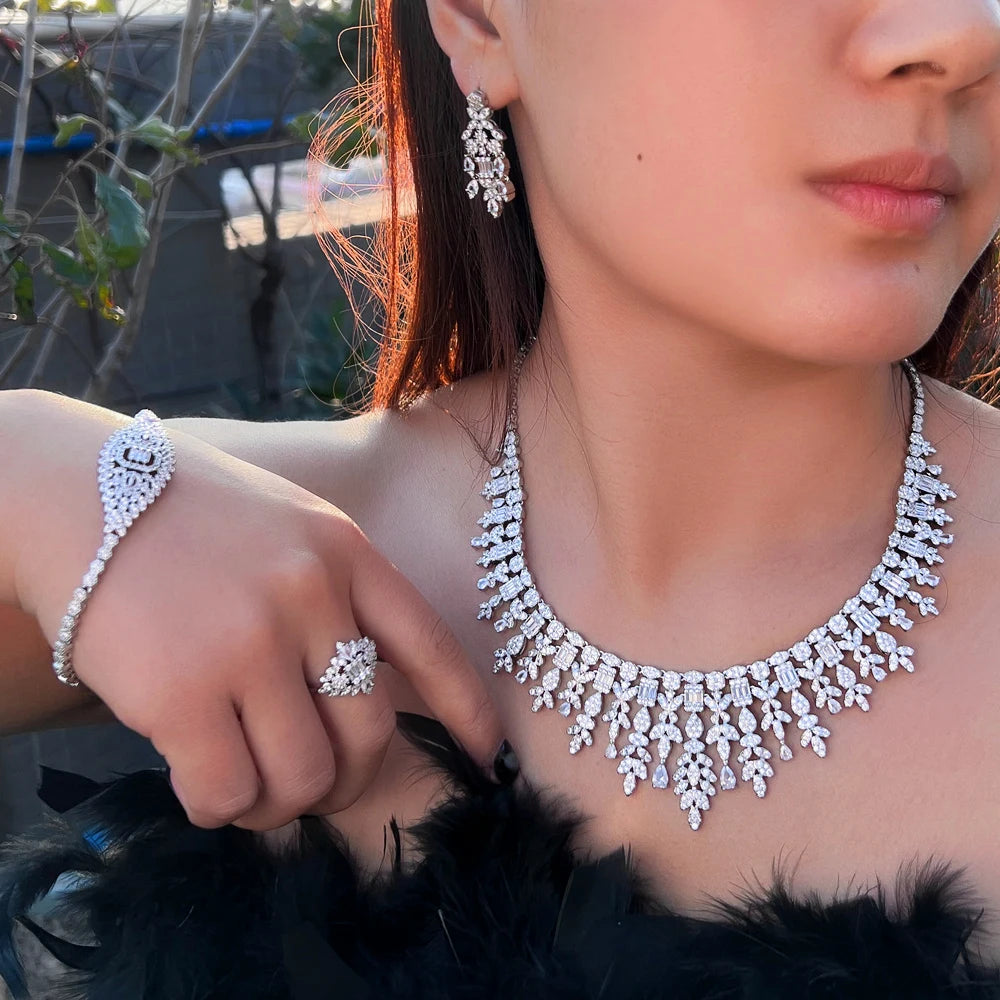 Cubic zirconia tassel drop jewelry set: necklace, drop earrings, and ring