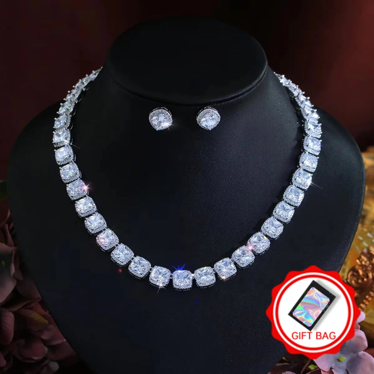 White square zirconia necklace and matching stud earrings, with gift bag