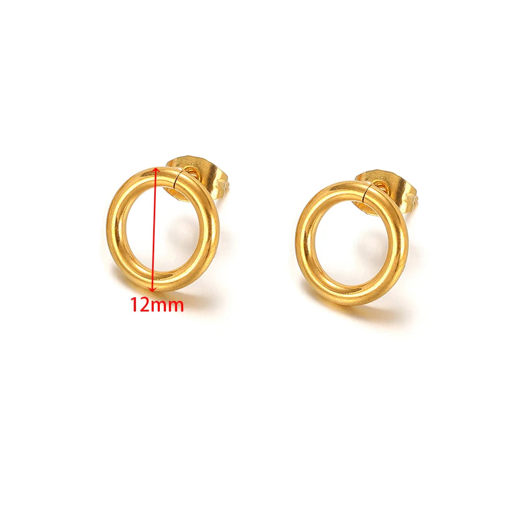 Gold round hollow stud earrings, 12mm circular hoops with stud posts
