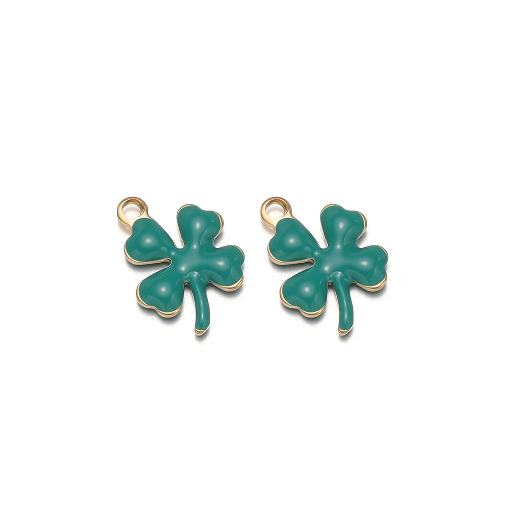 Dark green enamel clover flower charms with gold-tone loops, pair view