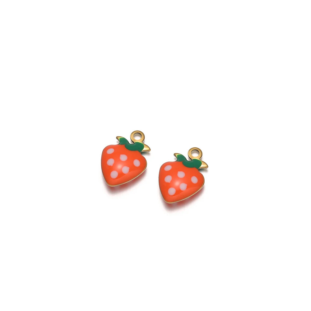 Orange strawberry drop enamel charms with gold-tone loop and green leaves, white polka dots