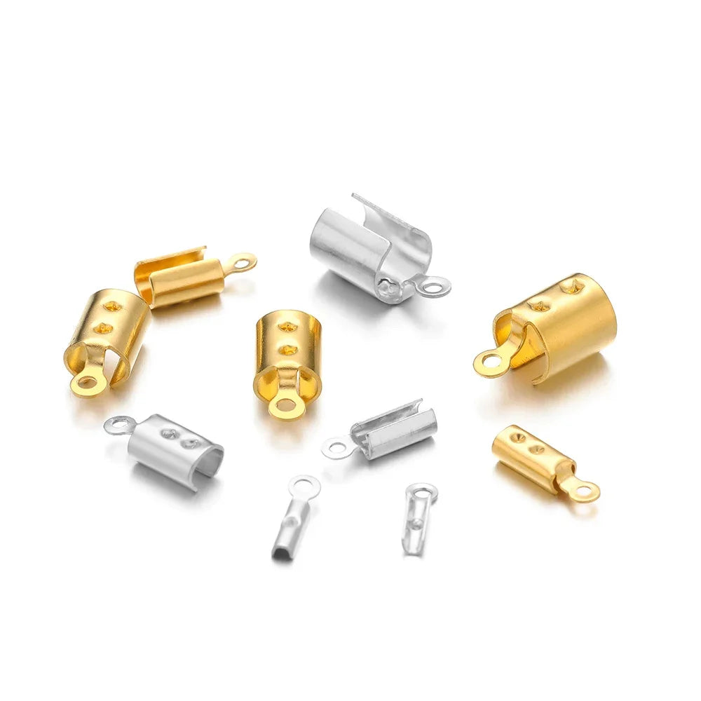 Crimp end bead caps assortment: gold and silver metal tubes with side loops and crimp holes.