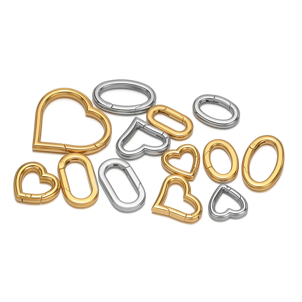 Oval heart spring buckle clasps, gold-plated and silver-tone metal connectors, set of 2