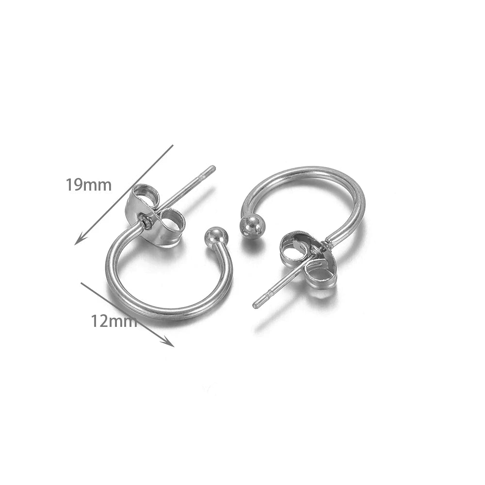 Stainless steel C-shaped earring hook connectors with pins; loop 19mm, bar 12mm