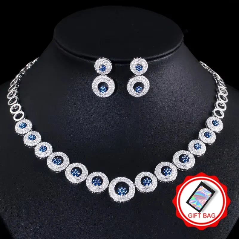 Silver round blue zirconia necklace and earrings set