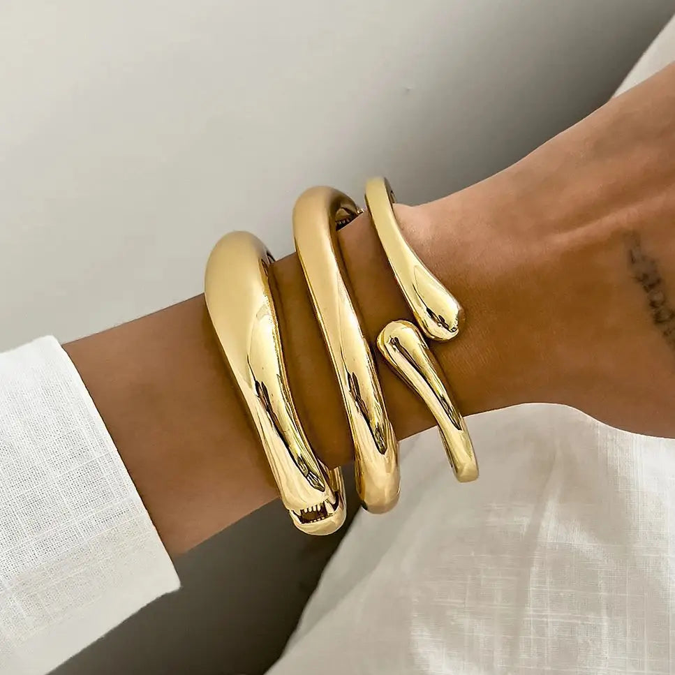 Trendy Gold Color Stackable Bangle Glossy Irregular Geometric Opening Bracelet for Women Jewelry