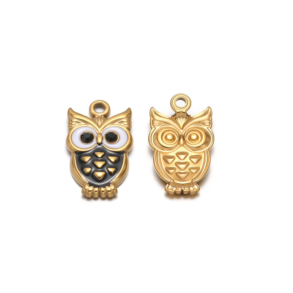 Gold-tone owl enamel charm pendants with hanging loop, dark enamel accents, front/back pair