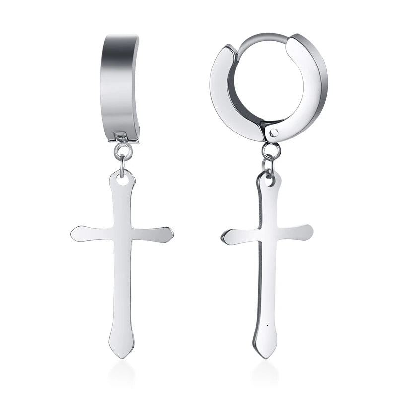 Silver-tone cross drop hoop earrings with small cross charm dangle