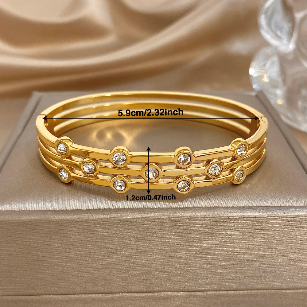 Glossy Zircon Beads Multilayer Wide Bracelets for Women Fashion Gold Plated Stainless Steel Cuff Bangle Waterproof Jewelry