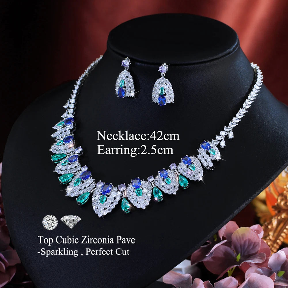 Silver-tone zirconia necklace and earrings set with blue and green stones