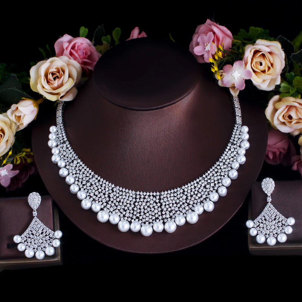 Luxury Handmade Cubic Zirconia Pave Chunky Jewelry Sets for Women Wedding Bridal Pearl Necklace