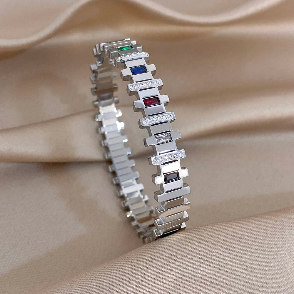 Silver-toned geometric zircon cuff bracelet with multicolor rectangular stone insets