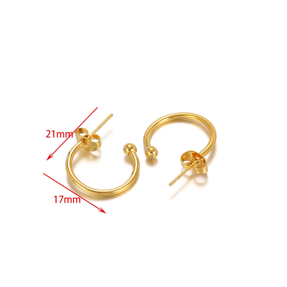 Gold-tone earring hook connectors, 21mm and 17mm hoop size shown with arrows