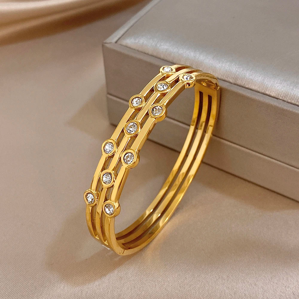 Glossy Zircon Beads Multilayer Wide Bracelets for Women Fashion Gold Plated Stainless Steel Cuff Bangle Waterproof Jewelry