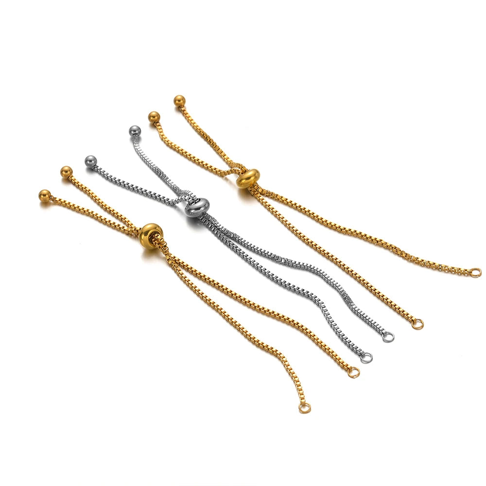 Set of adjustable box chain bracelet connectors in gold and silver with bead end caps