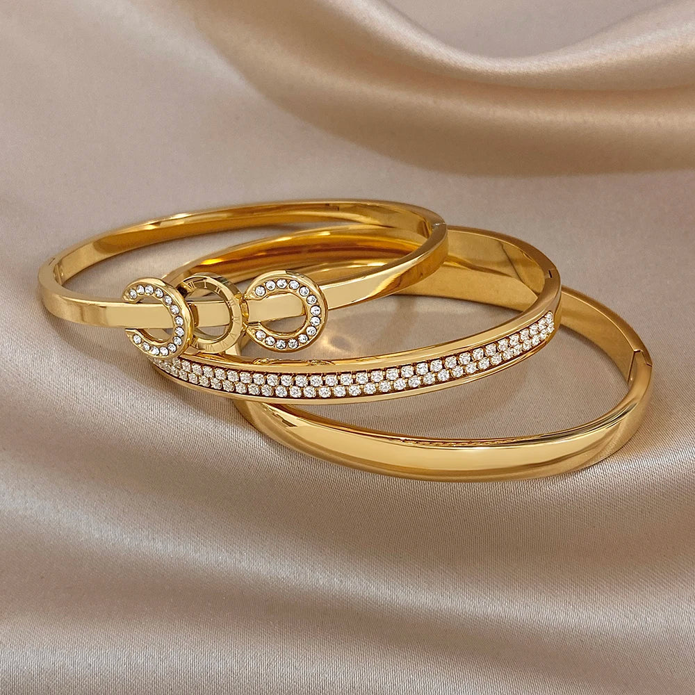 Glossy Gold Plated Stainless Steel Cuff Bangle for Women Trendy Micro Inlaid Zircon Stackable Bracelets Waterproof Jewelry