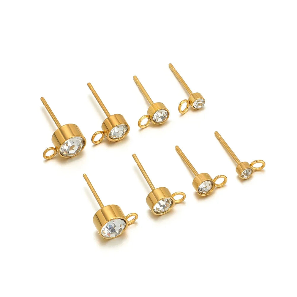 Gold zircon stud earring posts, round crystal tips with loop backs