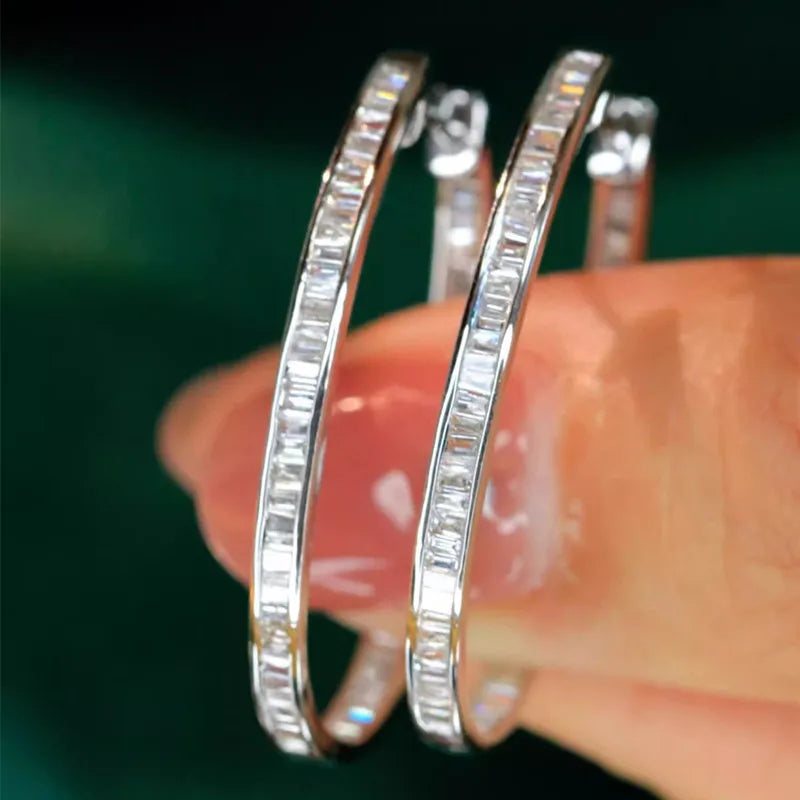 Silver Color Circle Full CZ Sparking Hoop Earrings for Women