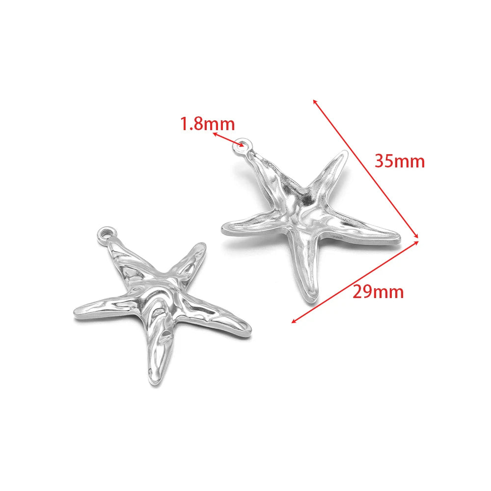Silver-tone starfish charms with small hanging loops, size diagram on white