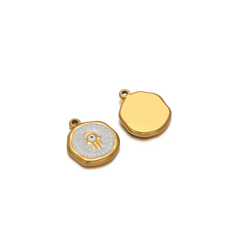 Gold teardrop charm with loop bail and gray evil-eye enamel round charm pendant