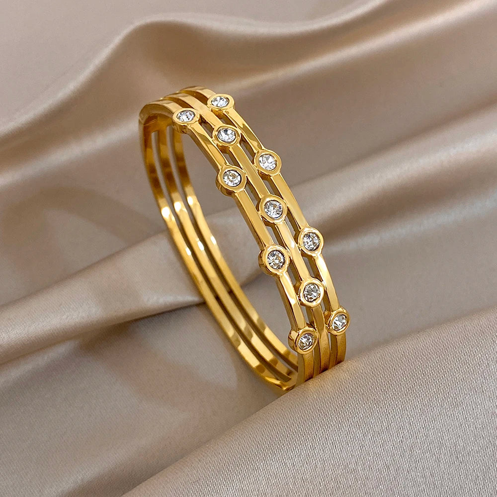 Glossy Zircon Beads Multilayer Wide Bracelets for Women Fashion Gold Plated Stainless Steel Cuff Bangle Waterproof Jewelry