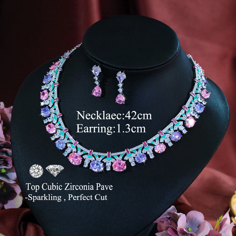 Handmade Multicolor CZ Crystal Jewelry Sets for Women Drop Earrings &Necklace Enamel Wedding Engagement Gift