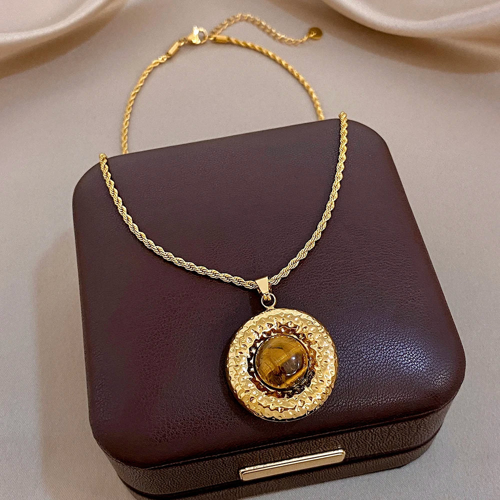 Vintage Stone Twisted Cuff Bangle Necklace for Women Chic Gold Plated Stainless Steel Bracelet Necklaces Waterproof Jewelry