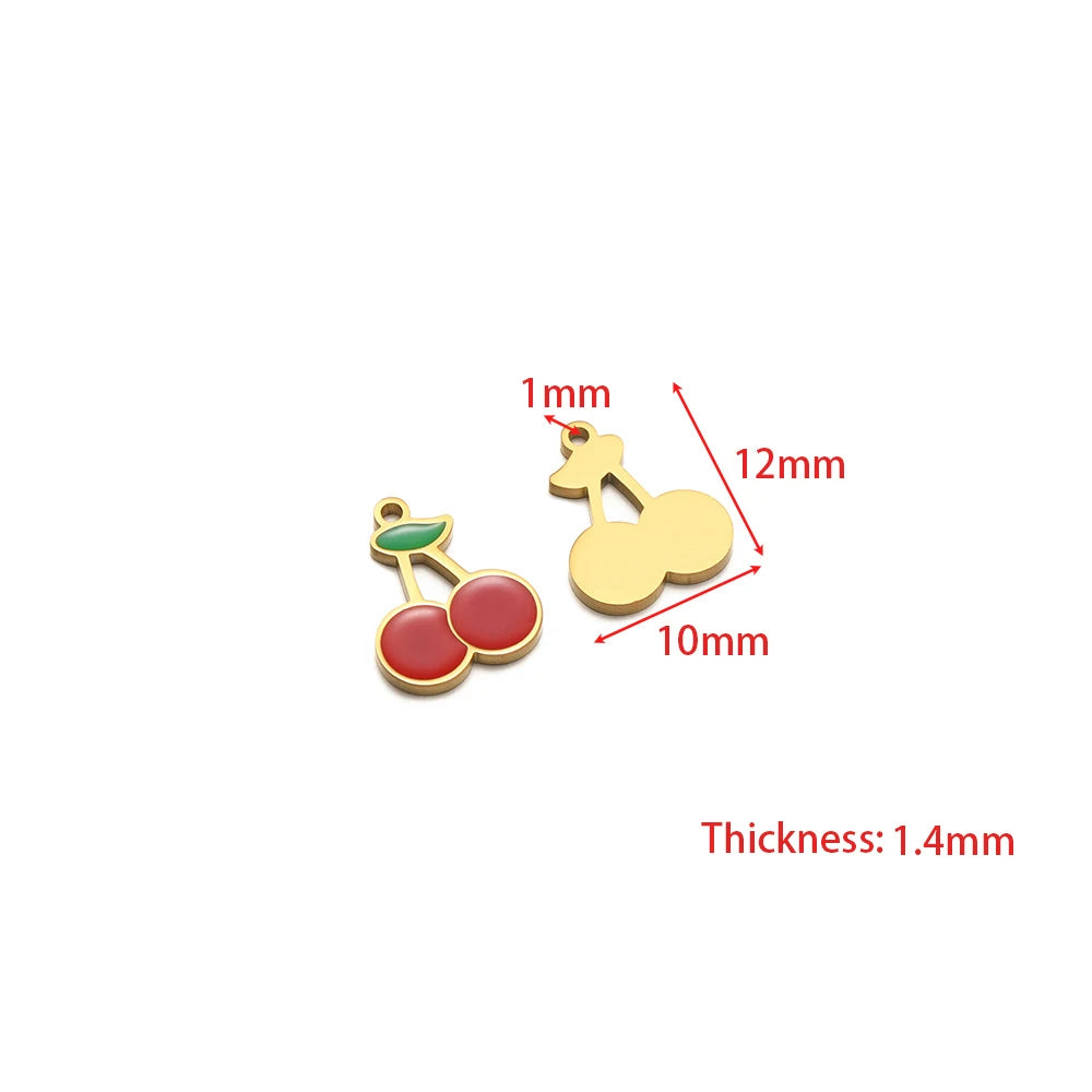 Red cherry and yellow mushroom enamel charms with gold-tone loops, stainless steel